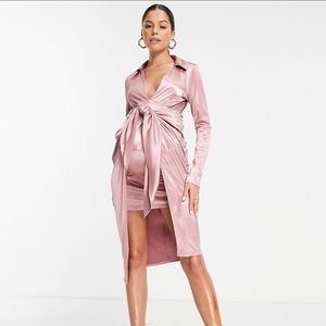 NEW ASOS DESIGN Maternity long sleeve wrap collar midi dress in dusky pink